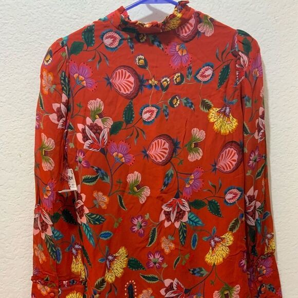 ALEXIS Elodie Pleated Chiffon Blouse Peasant Ruffle Floral Tie Front - Picture 8 of 11